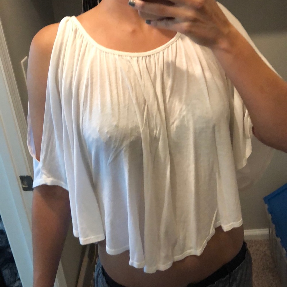 White loose flowing colder shoulder crop top
